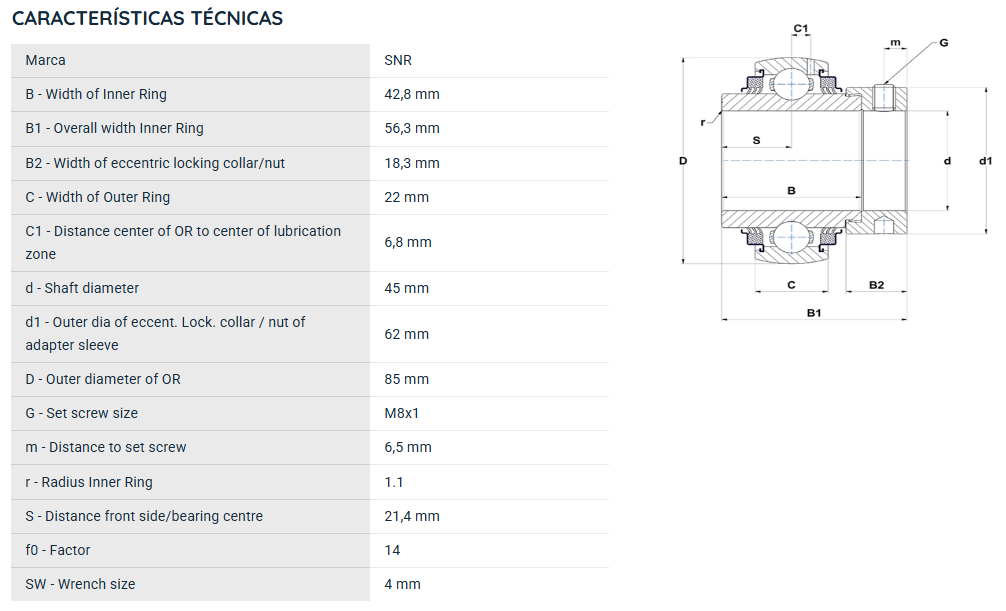 EX209G2L3 SNR ROLAMENTO FIXO ESFERAS 45X85X56,30 =GE45KRRB=NA209