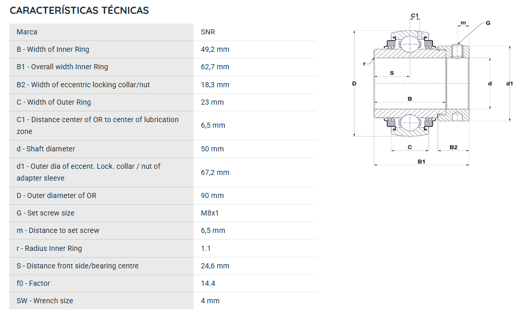 EX210G2L3 SNR ROLAMENTO FIXO ESFERAS 50X90X62,7 