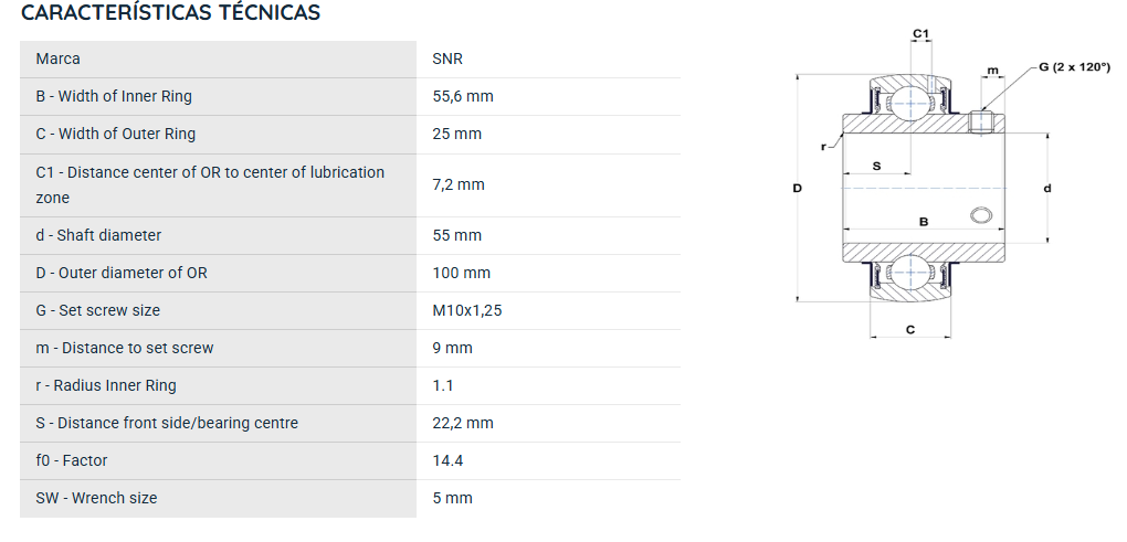 UC211G2 SNR ROLAMENTO FIXO ESFERAS 55X100X55,6 =GYE55KRRB=YAR211=UCR211