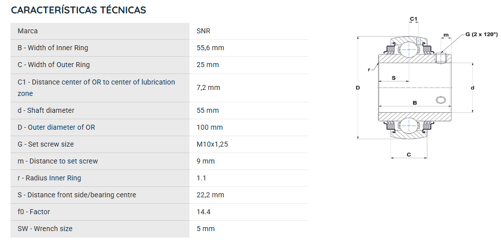 UC211G2L3 SNR ROLAMENTO FIXO ESFERAS 55X100X55,6