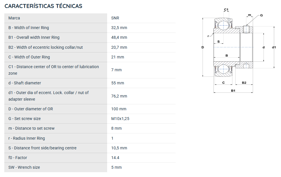 SES211 SNR RROLAMENTO FIXO ESFERAS INOX 55X100X48,4