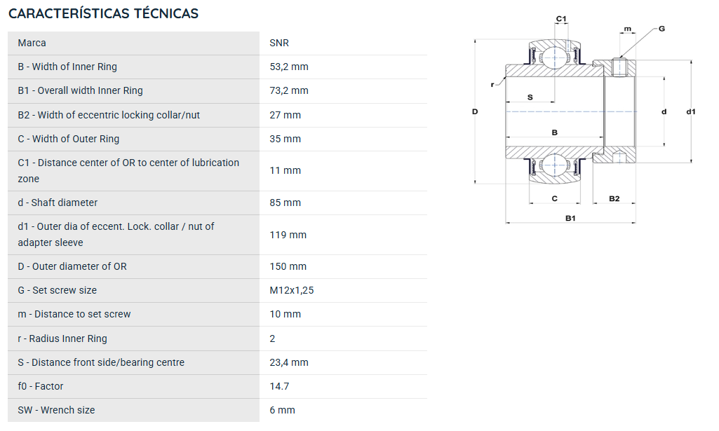 EX217G2 SNR ROLAMENTO FIXO ESFERAS 85x150x73.27(MM)