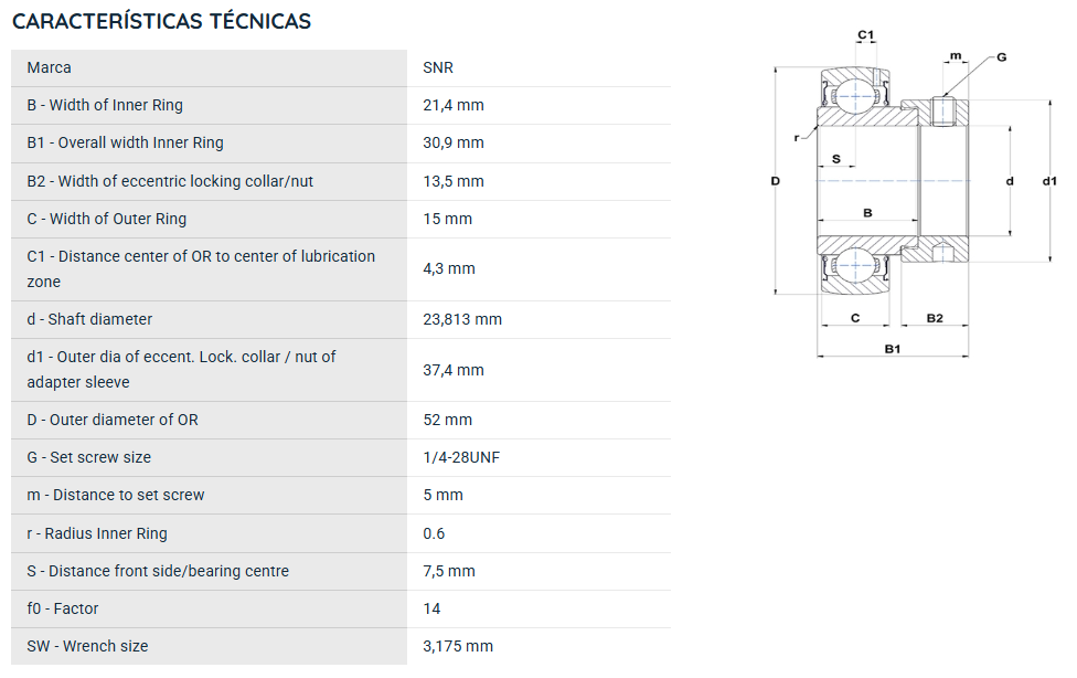 ES205-15G2 SNR ROLAMENTO FIXO ESFERAS 23,813X52X21,4