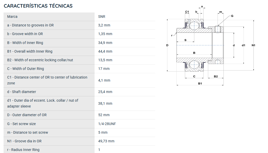 CEX20516 SNR ROLAMENTO FIXO ESFERAS 25,4X52X44,4