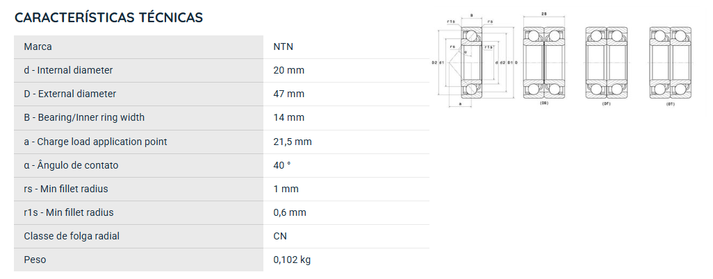 7204B NTN ROLAMENTO 7204BW ESFERAS CONTATO ANGULAR 20X47X14(MM)=7204BW