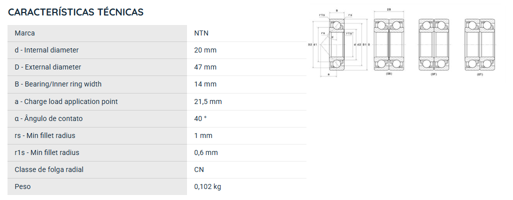 7204BG NTN ROLAMENTO ESFERAS CONTATO ANGULAR 20X47X14(MM)