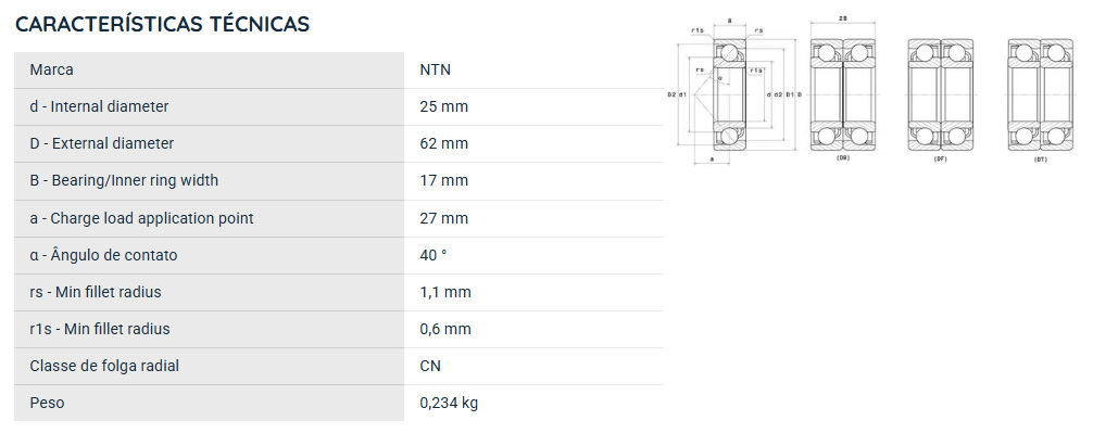 7305BG NTN ROLAMENTO ESFERAS CONTATO ANGULAR 25X62X17(MM)
