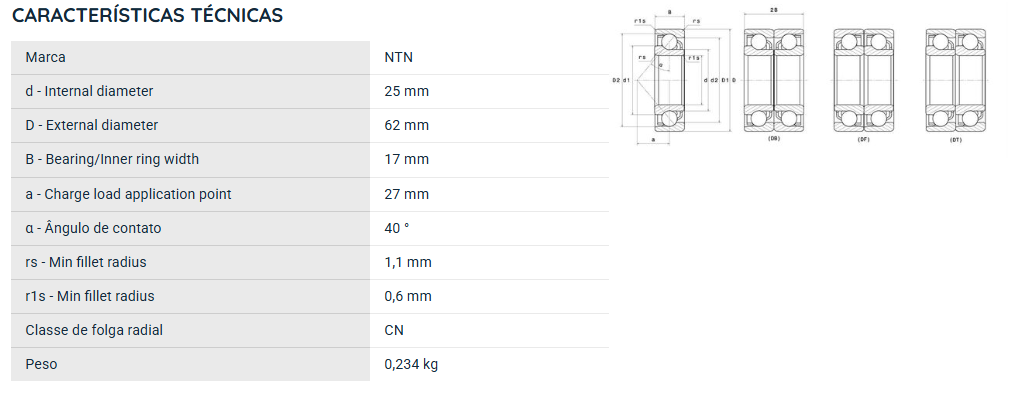 7305B NTN ROLAMENTO ESFERAS CONTATO ANGULAR 25X62X17(MM)
