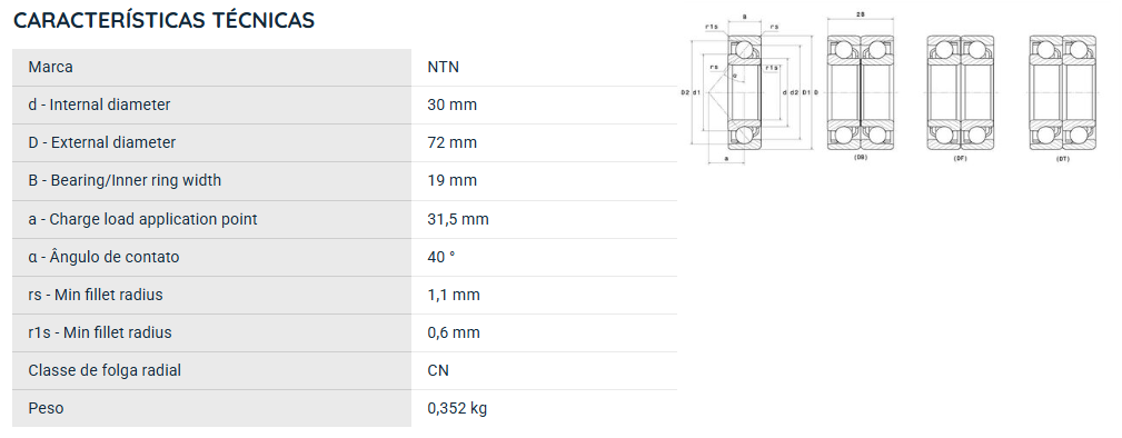 7306BG NTN ROLAMENTO ESFERAS CONTATO ANGULAR 30X72X19(MM)