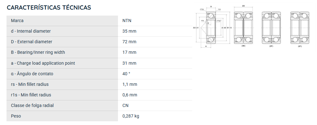 7207B NTN ROLAMENTO ESFERAS CONTATO ANGULAR 35X72X17(MM)