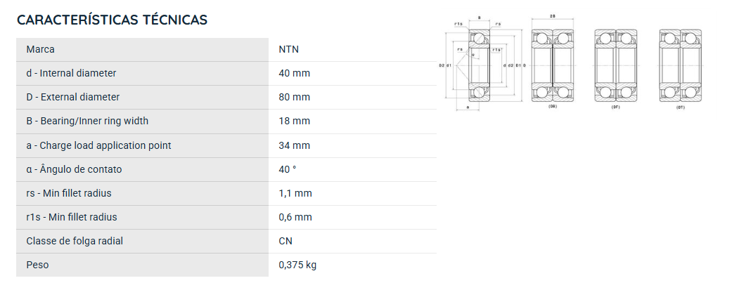7208BG NTN ROLAMENTO ESFERAS CONTATO ANGULAR 40X80X18(MM)