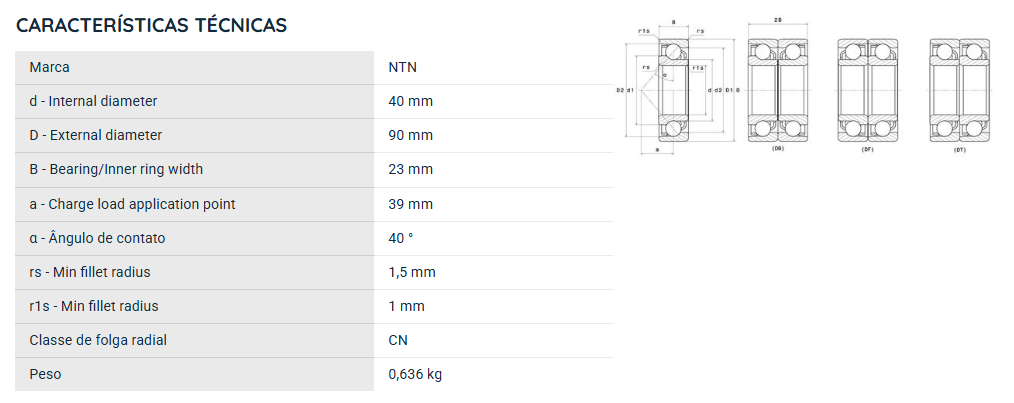 7308BG NTN ROLAMENTO ESFERAS CONTATO ANGULAR 40X90X23(MM)