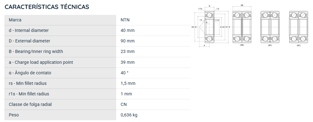 7308BL1G NTN ROLAMENTO ESFERAS CONTATO ANGULAR 40X90X23(MM)